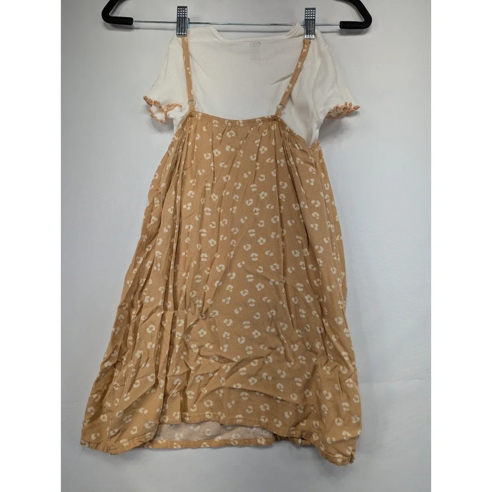 DKNY Girls 2 Piece Outfit Set White Ribbed Tee Tan Floral Print Dress Set M 8 10